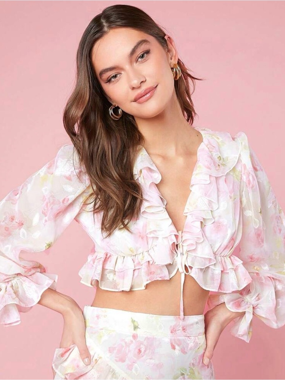 Women's Pink Floral Ruffle Tie-Front Top